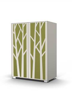 Hinged door cabinet with sound absorbing tree design doors