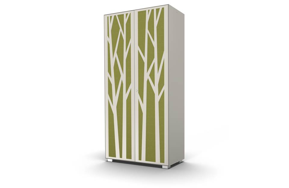 Hinged door cabinet with sound absorbing tree design doors