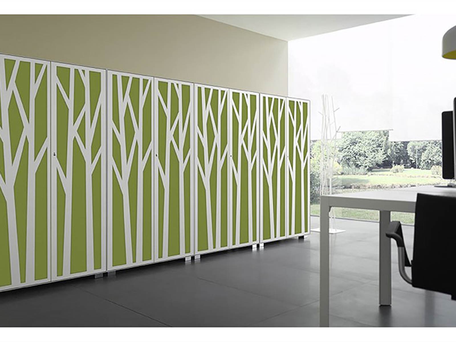 Hinged door cabinet with sound absorbing tree design doors