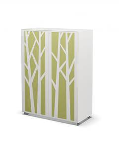 Hinged door cabinet with sound absorbing tree design doors