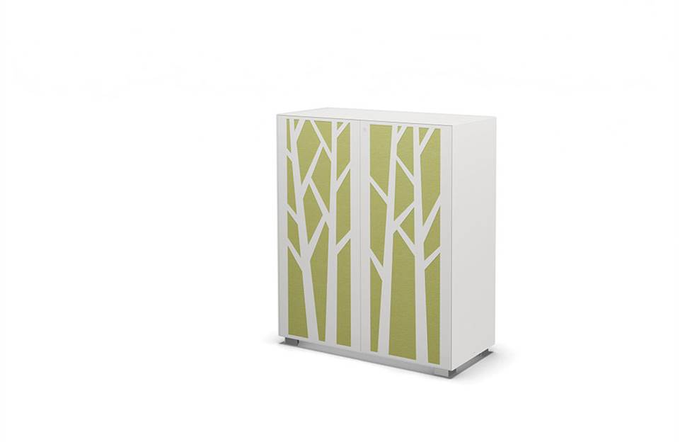 Hinged door cabinet with sound absorbing tree design doors