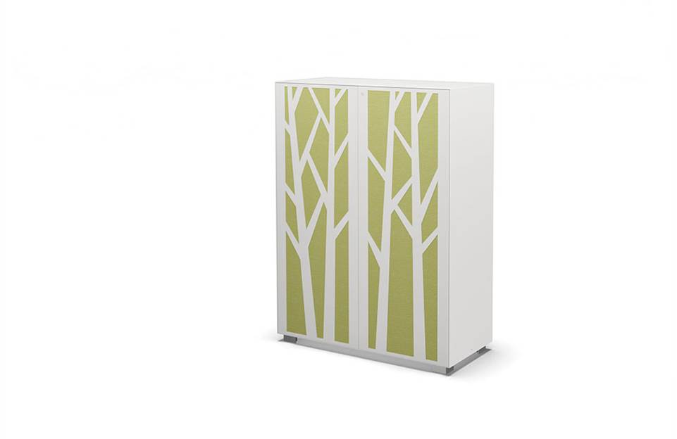 Hinged door cabinet with sound absorbing tree design doors