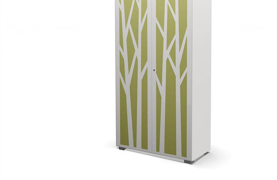 Hinged door cabinet with sound absorbing tree design doors